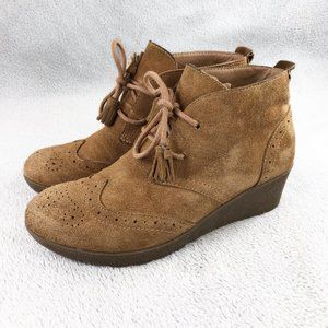 Lands End Women's Wedge Heel Ankle Booties Suede / Tasseled Laces, Size 8.5 M
